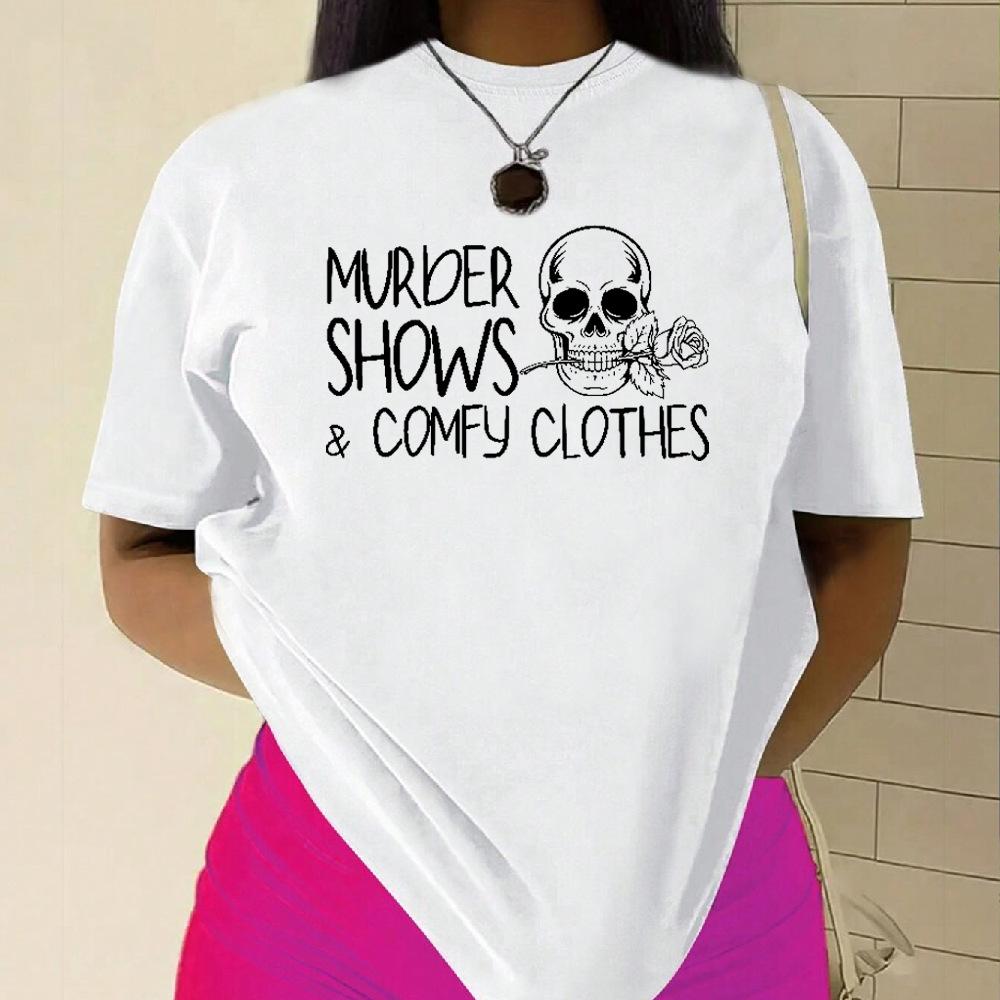 Skull Rose Alphabet Cotton T-Shirt Short Sleeve Round Neck Women 2d Print Tops