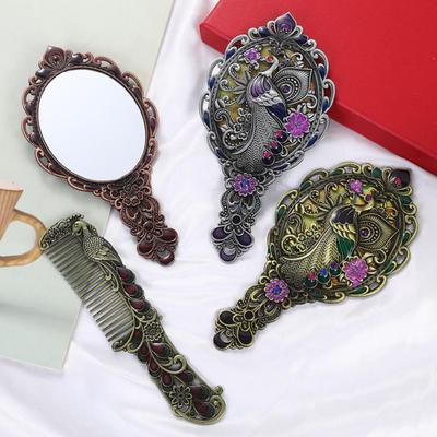 Portable Peacock Makeup Mirror Comb Set Vintage Cosmetic  Mirror Vanity Mirror  Middle East