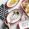 1pc Red Cherry Baking Plate Ceramic Dinner Dishes European Style Dinnerware Baking Tray Ovenware Dinner Plate