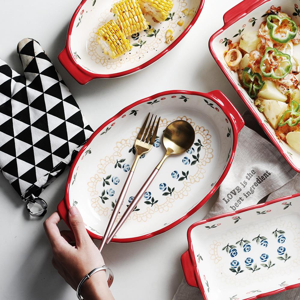 1pc Red Cherry Baking Plate Ceramic Dinner Dishes European Style Dinnerware Baking Tray Ovenware Dinner Plate