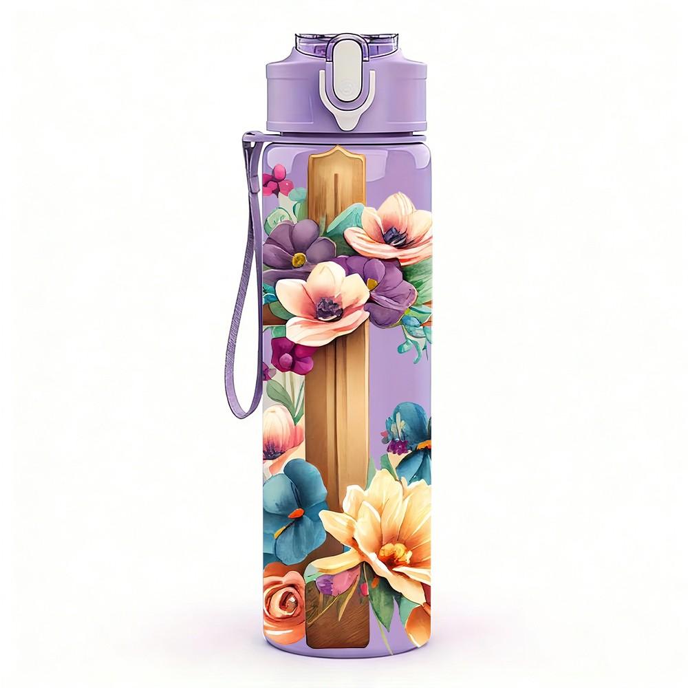 1PC Cross With Rose Wildflower Bouquet 750ml Color Plastic Sports Water Bottle Leakproof Flip Straw Lid Suitable for Sports Office Home Use