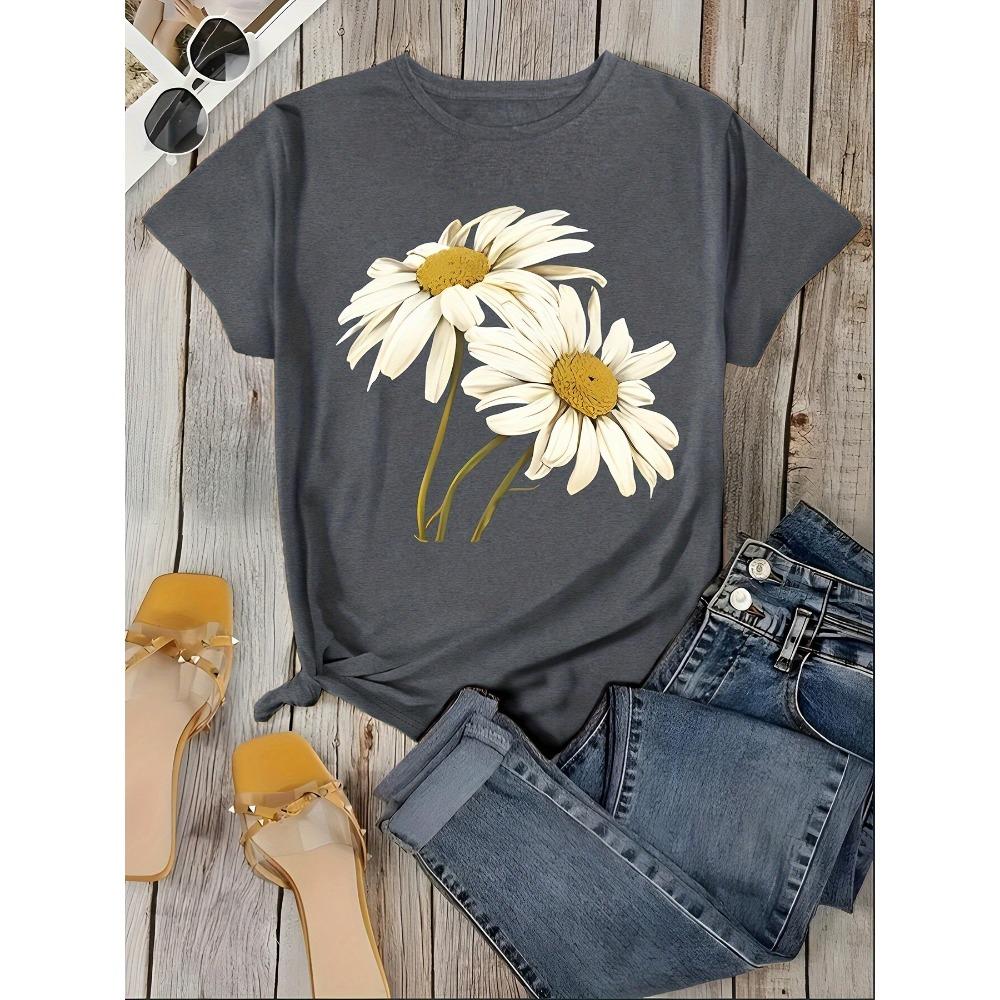 Women Cotton Short Sleeves T-shirts Daisy Floral Women's Tee Boho Botanical Graphic Casual Summer Top