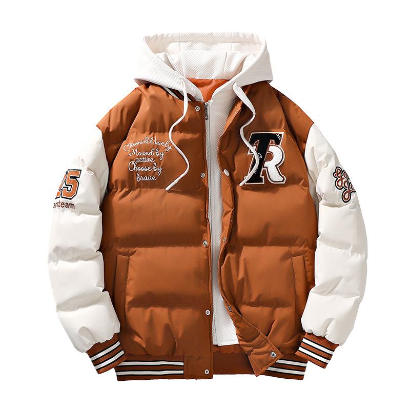 

Men s Winter Fashion Jacket Fashion Fake Two-piece Hooded Letter Printed Bread Jacket Padded Jacket S коричневий