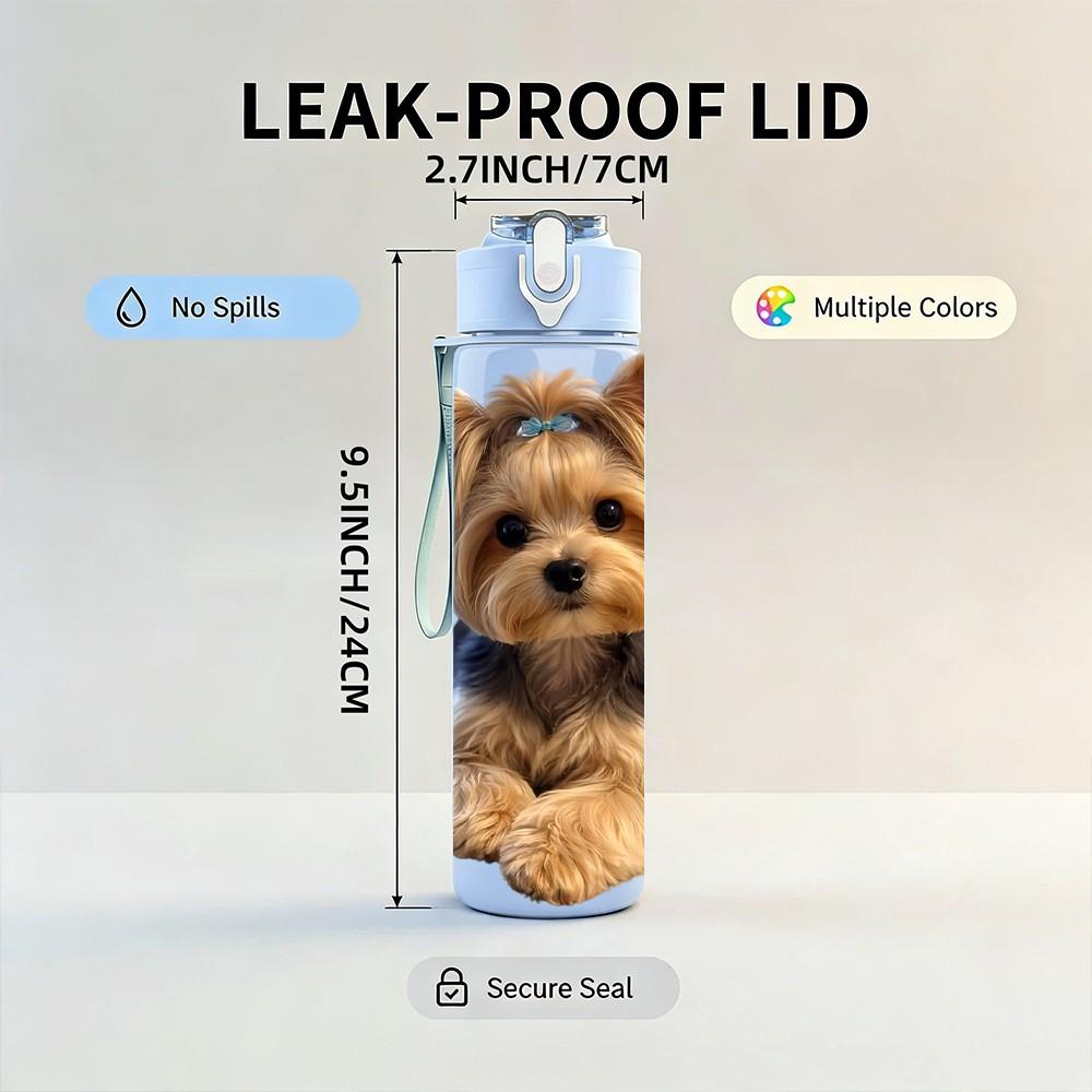1PC Gentle Yorkie Puppy Close View 750ml Color Plastic Sports Water Bottle Leakproof Flip Straw Lid Suitable for Sports Office Home Use