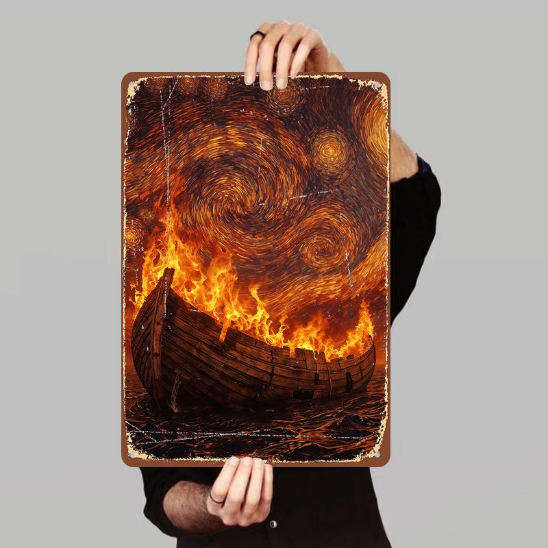 Flaming Ship Starry Sky Swirl Metal Iron Painting Modern Abstract Home Wall Decor Art for Living Room 7.9x11.8In(20x30cm)