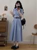 Korean Academy Style Blue Short-Sleeved Summer Shirt Dress for Women – High-End, Waist-Cinched, Fashionable Long Dress