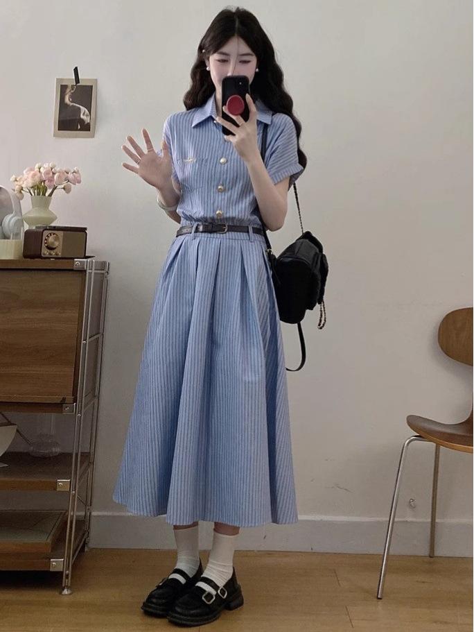 Korean Academy Style Blue Short-Sleeved Summer Shirt Dress for Women – High-End, Waist-Cinched, Fashionable Long Dress