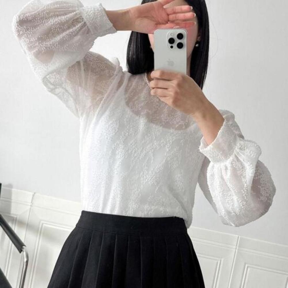 New Arrivals Open Run Sheer Blouse Round Neck Spring Outfit Balloon