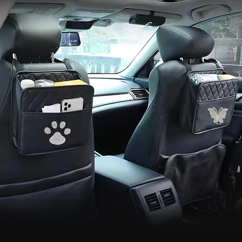Car Storage Bag With Diamond Studded Dog Paw Butterfly, Car Seat Back Storage Bag, Hanging Bag, Multifunctional Storage Box