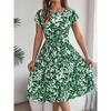HNXC Spring Summer Elegant Floral Short-sleeved Wide-swing Pleated Dress for Women's Wear