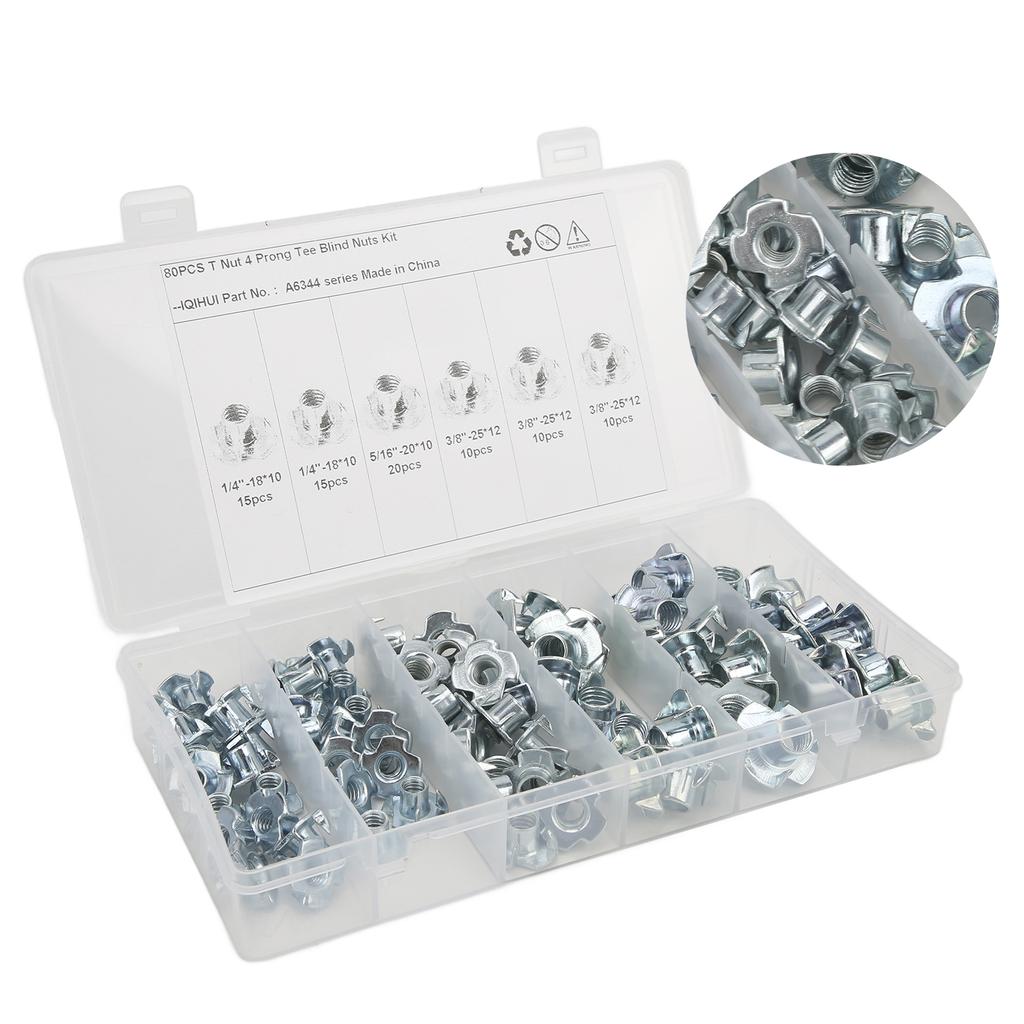 80Pcs T Nuts Carbon Steel Galvanized Layer Rust Resistant Sturdy 1 4in 5 16in 3 8in Pronged Tee Nut