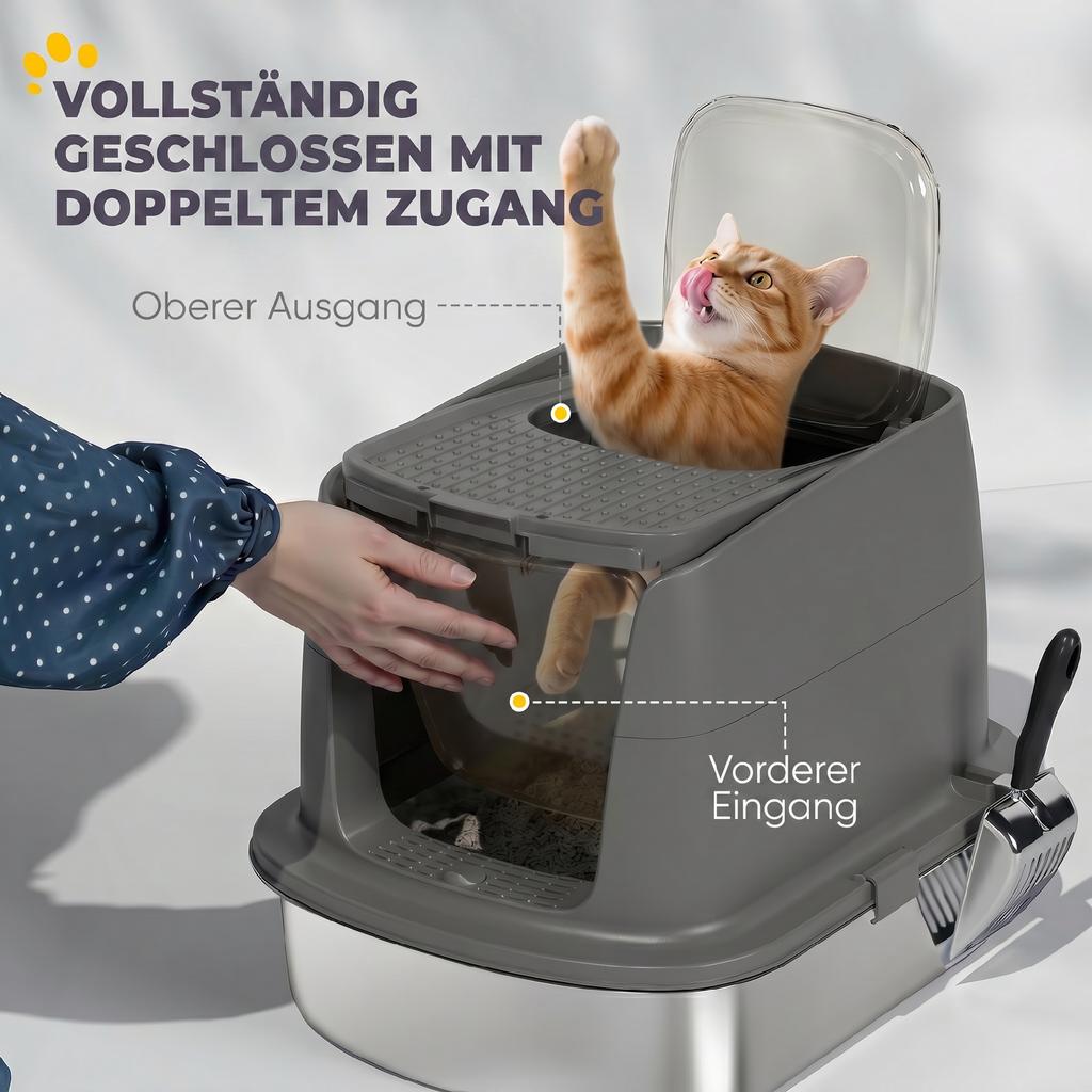 Large Stainless Steel Litter Box, Enclosed Metal Cat Litter Tray with Scoop, Deodoriser Bag, Front-Entry and Top-Exit