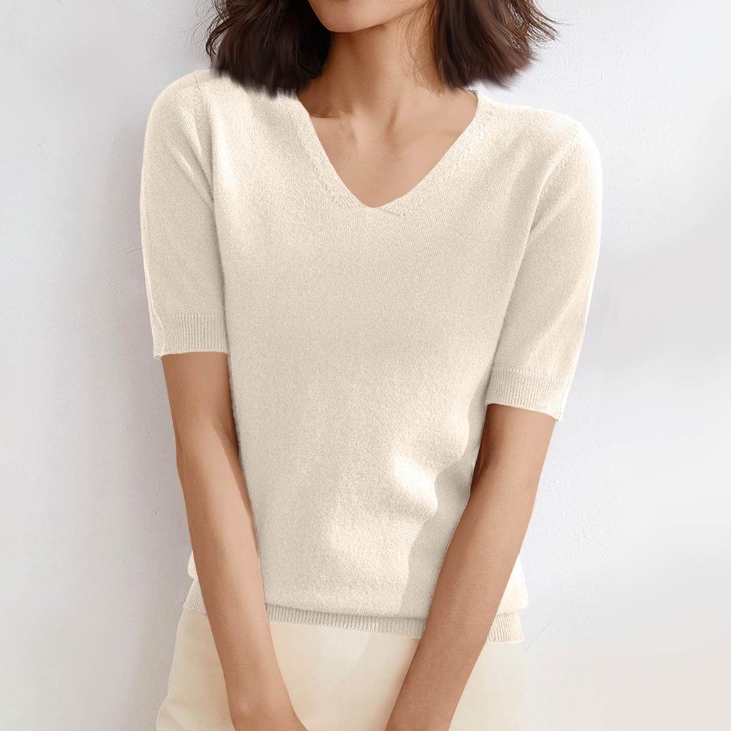 Women's Sweater T-Shirt Short Sleeve Knitted Tops Pullover V-Neck Sweater Lightweight Casual Color Sweater Elegant Spring Summer Tops