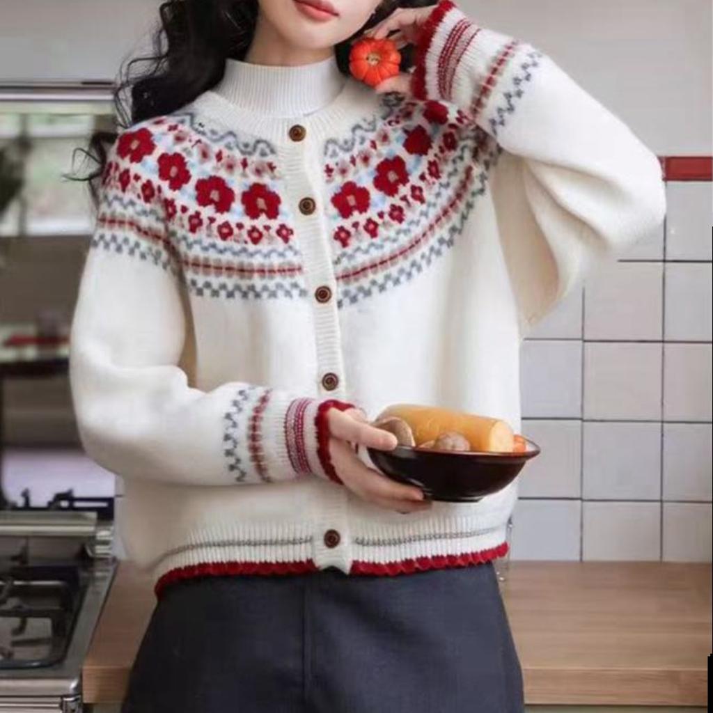 Jacquard autumn and winter new knitted cardigan sweater women's loose soft waxy casual lazy style versatile coat top long sleeve