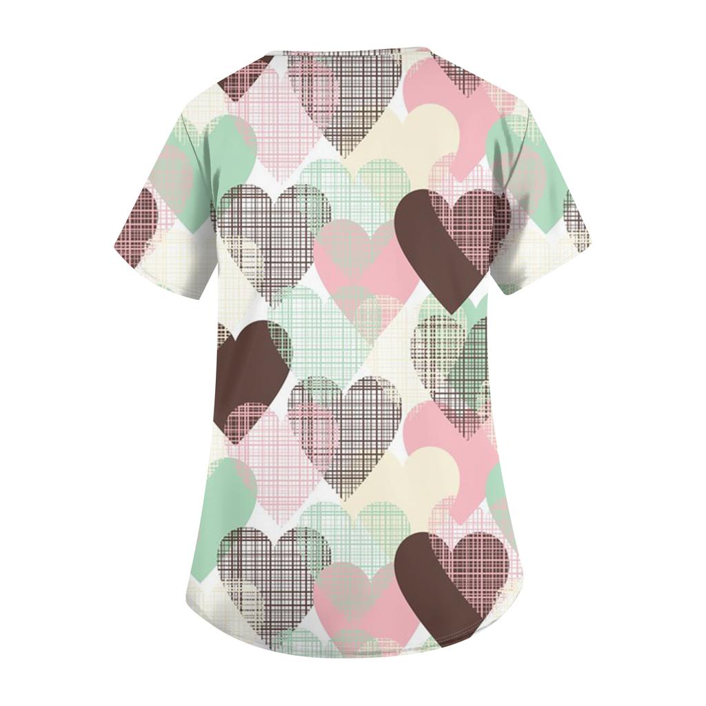 Damen Niedliches Schleifenmuster Arbeitskleidung V-Ausschnitt Doppellagige Taschen Basic Kurzarm Oberteil Pullover