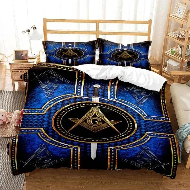 Masonic Freemason Illuminati  Bed Ensemble Boys Girls Twin Size Queen Dimension Size Bedspread Cover Pillowcase Bed Kids Adult