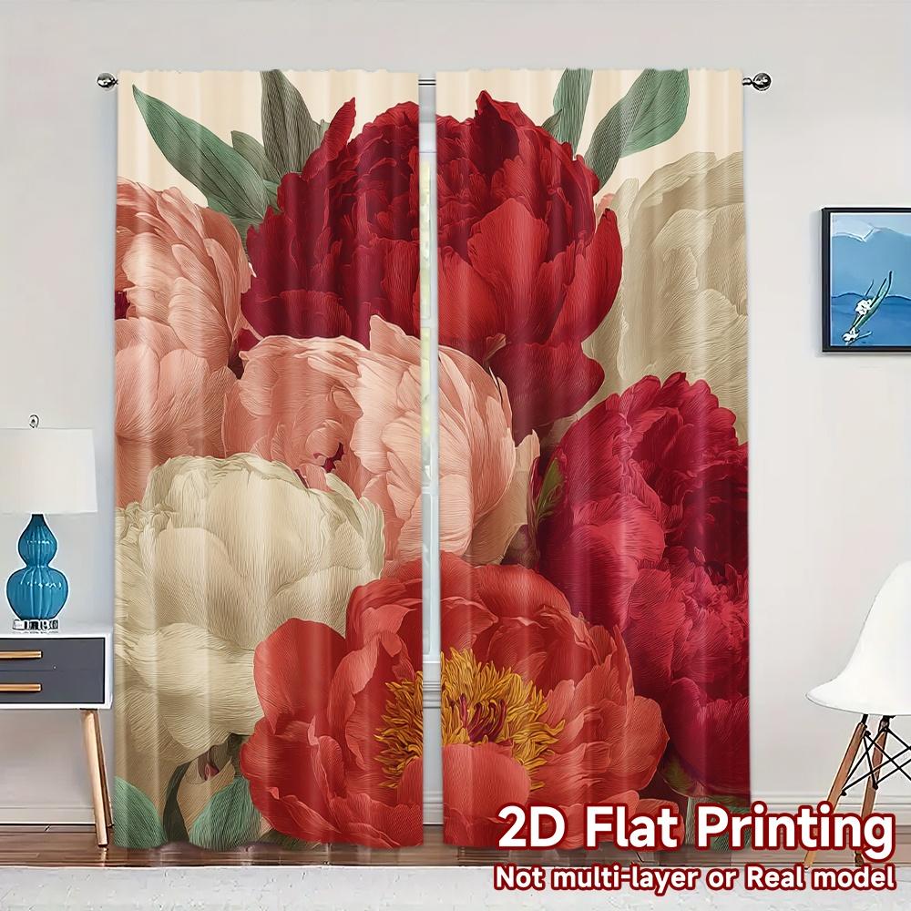 

2D FLAT PRINTING 2pcs Curtains (Without Rod) Floral Peony Arrangement Modern Fashionable Curtainments during the Valentine is 100*130 Rod Pocket 1pcs