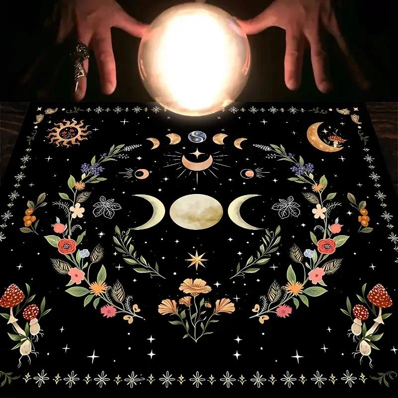 1pc Mantel de Tarot, Paño de Altar, Fase Lunar, Sol, Cielo Estrellado, Flores, Brujería, Accesorios de Decoración para Rituales de Altar