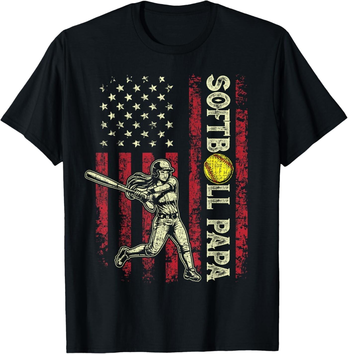 Softball Papa American US Flag Patriotic Papa Fathers Day T-Shirt S разноцветный