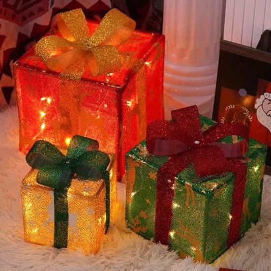 3 Pcs/Set Christmas Lighted Gift Boxes LED Light Up Stackable Nesting Box with Bow for Christmas Indoor Outdoor Home Yard Lawn Decor