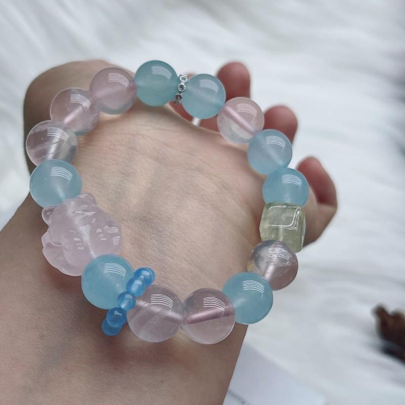 Handmade Natural Blue Chalcedony Rose Quartz Bracelet Women Boho Chic Crystal Jewelry Gift Friend 12mm bead