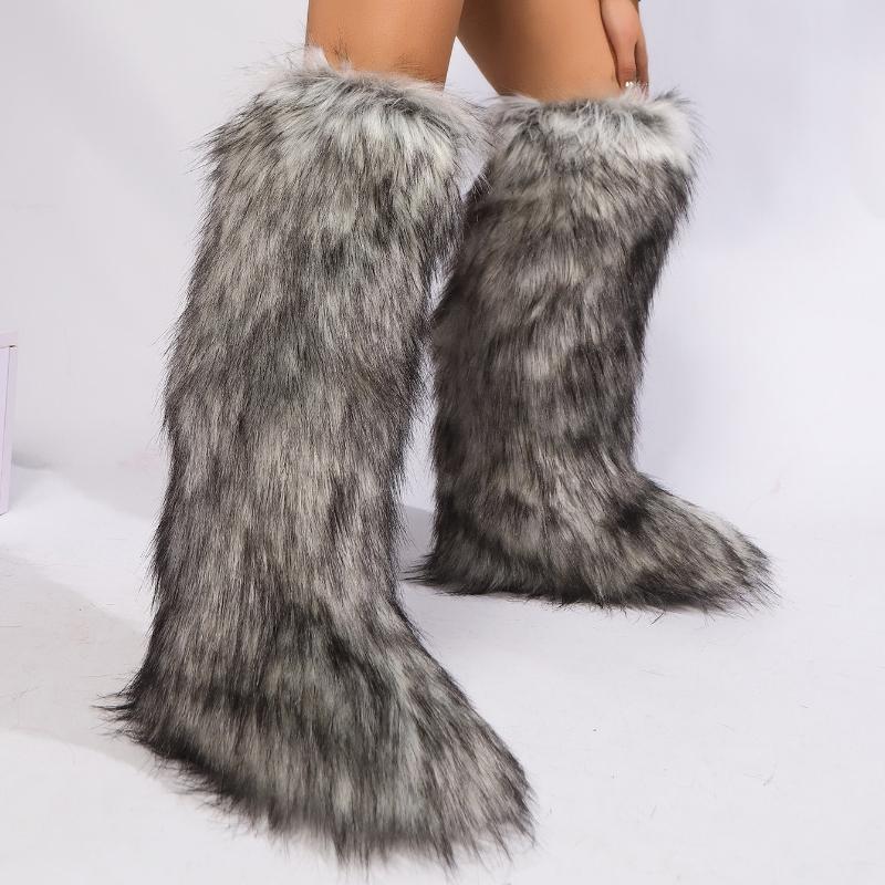 Women Faux Fur Snow Boots Winter Warm Plush Long Boots Outdoor Knee-high Boot Designer Luxury Women Faux Fox Furry Non-Slip Shoe