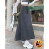 Women's High-Waist Korean Style Color Block Drawstring Fleece Lined Midi Skirt - Autumn/Winter A-Line Design