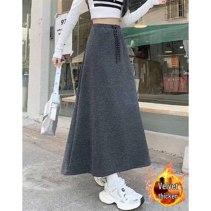 Women's High-Waist Korean Style Color Block Drawstring Fleece Lined Midi Skirt - Autumn/Winter A-Line Design
