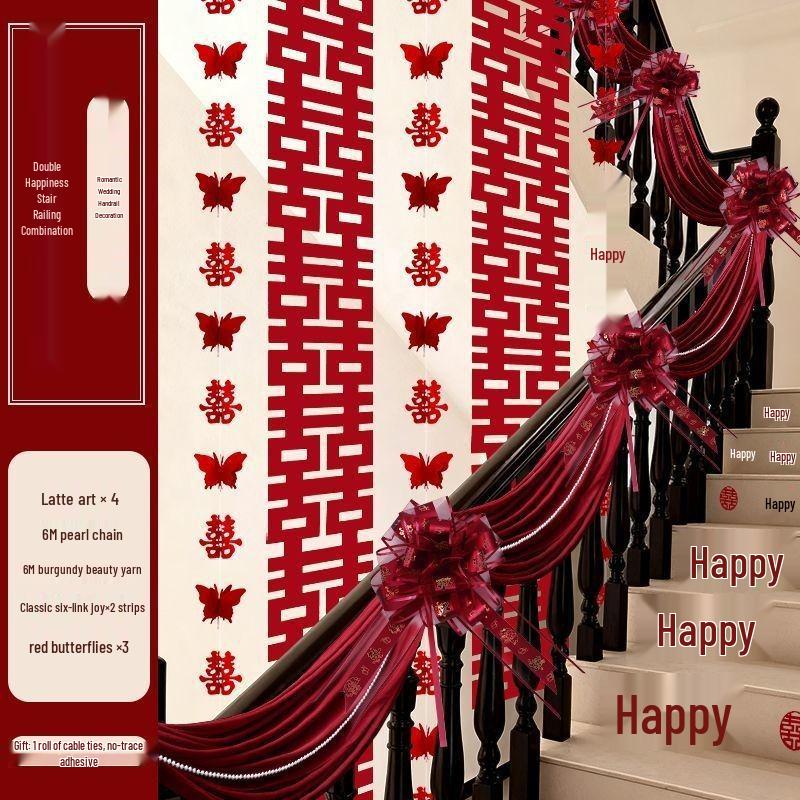 Double Happiness Stair Decor: Rustic Wedding Handrail & Wall Garland Set