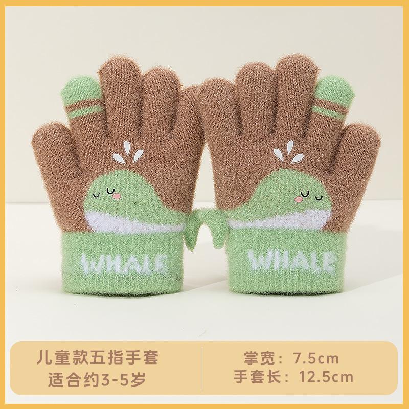 Girls autumn and winter cute little whale baby kindergarten knitted five-finger cold-proof wool warm children's gloves -
