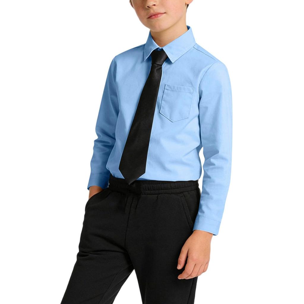 Boys Button Down With Tie And Chest Pocket School Uniform Long Sleeve Shirts