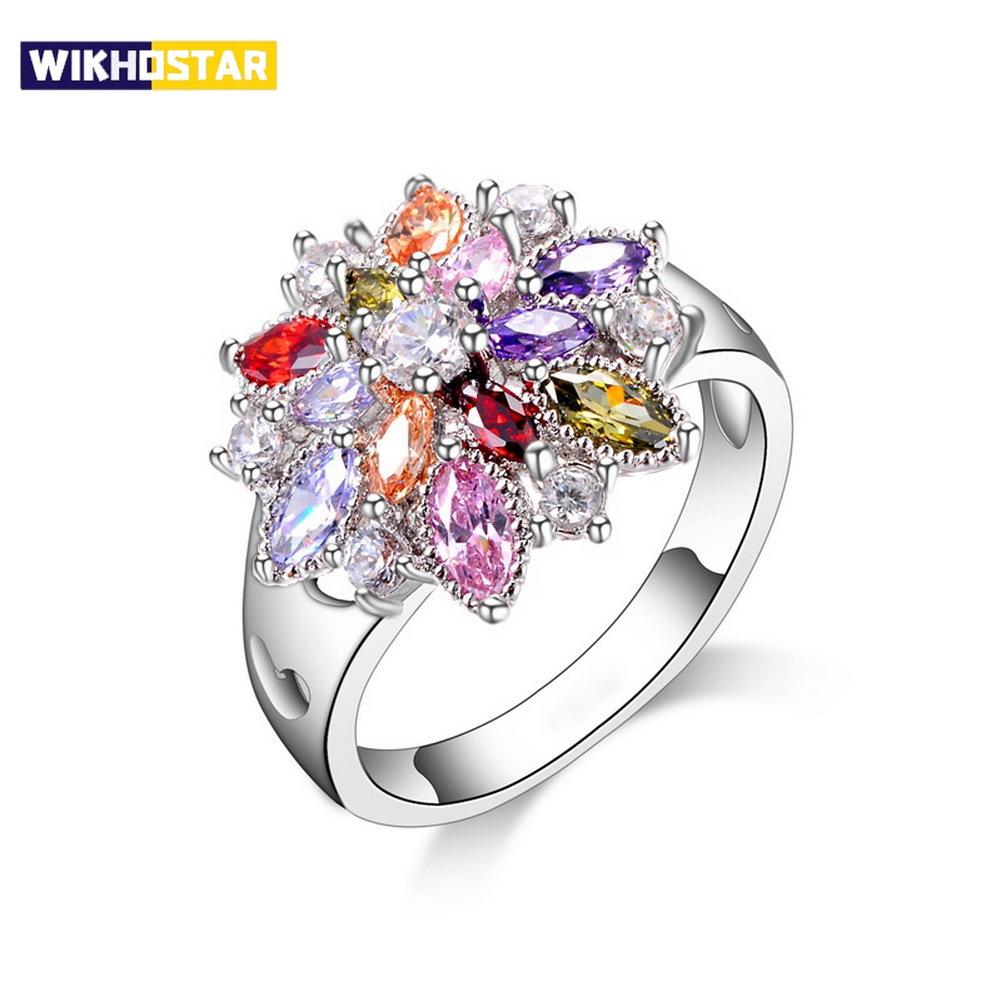 Ring Fashion 925 Sterling Silver Color Jewelry Colourful Cubic Zirconia Flower Design Cute Style Women Girls Party Engagement