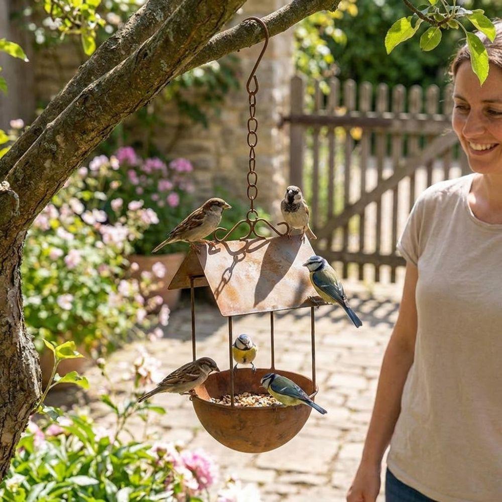 Anti-leakage Bird Bath Feeder Rusty Iron Bird Food Container Hanging Bird Feeder  Outdoor Garden