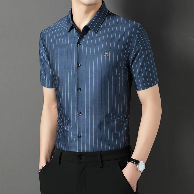 

Новая летняя мужская бесшовная рубашка, простая тонкая полосатая мужская рубашка с коротким рукавом 4XL