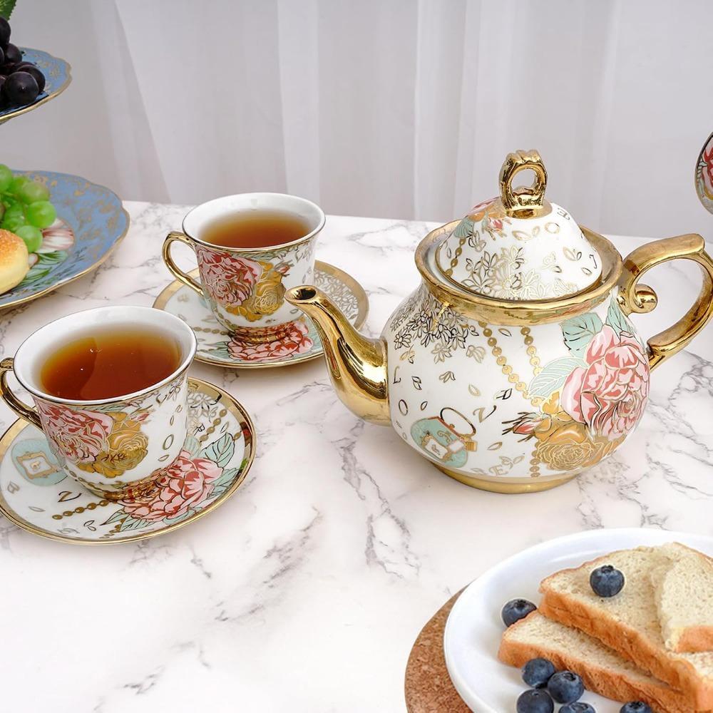 20 pieces European Vintage Ceramic Tea set, Adult tea Set, Afternoon Tea Set (Golden Rose, medium)