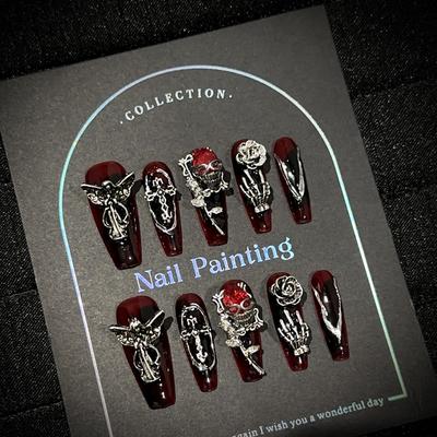Medium Coffin Press On Nails Square Fake Nails French Tip Glue On Nail with 3D Designs Reusable False Acrylic Nails Full Cover Stick On Nail for Women