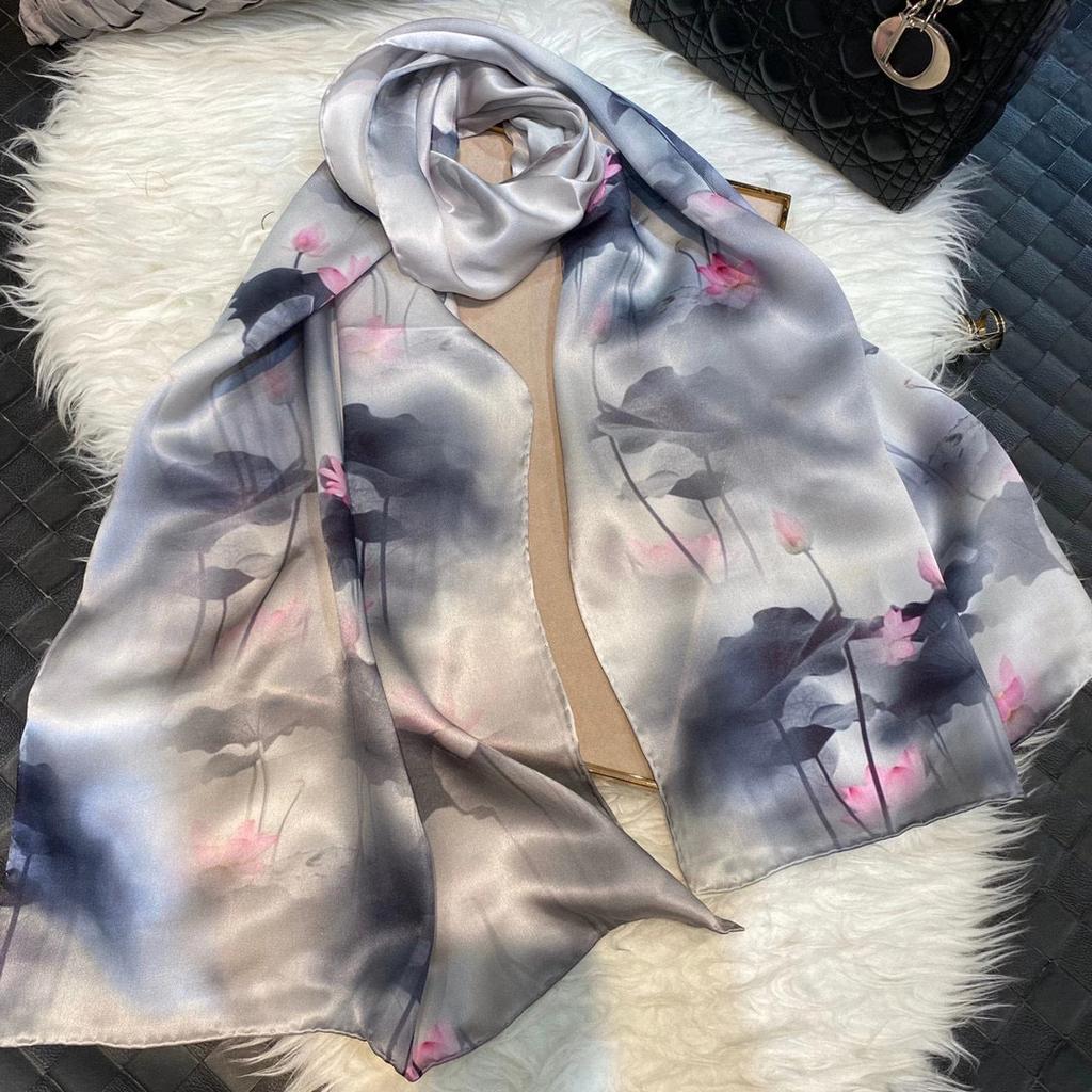Chinese Style Ink Lotus Silk Scarf Shawl Women  New Design 100% Natural Silk Long Scarves Grey Pink Neck Scarves 175*53Cm