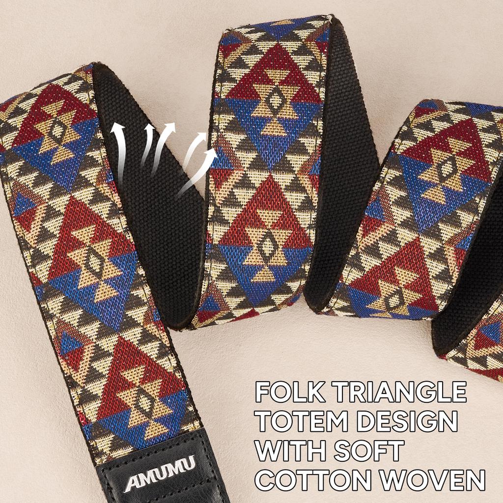 Amumu 2-Inch Triangle Toteum Woven Guitar Strap Tribal Geometric Multi-Color Vegan Leather Ends Adjustable 37-63 Inches Acoustic Electric Bass Guitars