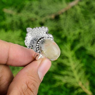 Golden Rutile Stone Promise Wedding Birthday Ring Jewelry 925 Sterling Silver