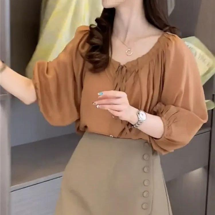 Schickes Dreiviertelarm-Puffärmel-Chiffonhemd für Damen - Stilvolles Sommer-Französisches Design