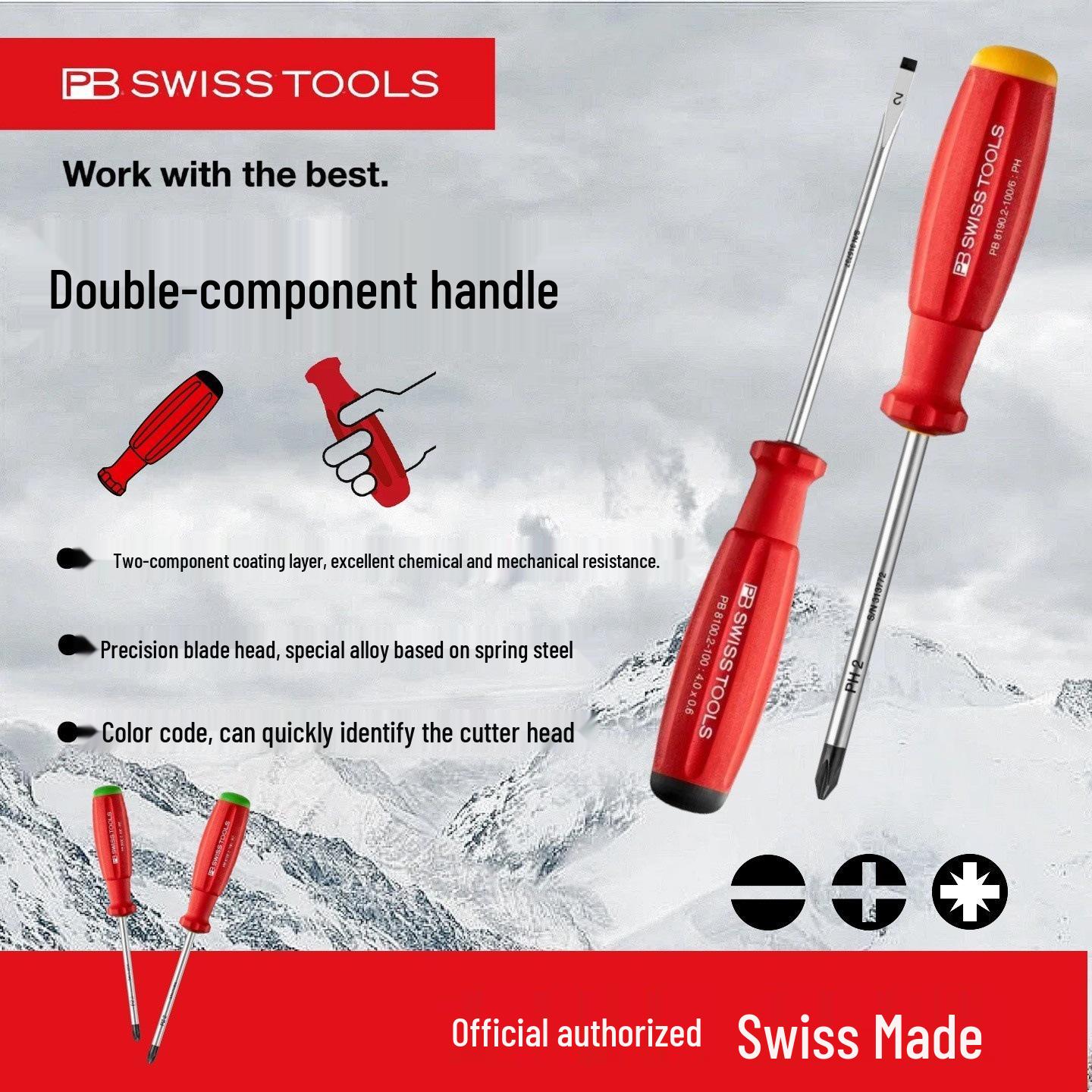 Swiss PB 8100/8190/8192 Two-Component Screwdriver with Slotted, Phillips, Pozidriv Heads 8100.00-70 Flat 2.0mm