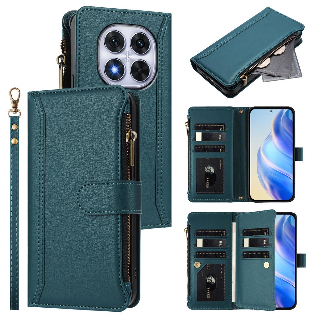 For Xiaomi Redmi Note 14 Pro 4G Leather Case 9 Card Slots Zipper Wallet Stand Phone Cover with Wrist Strap