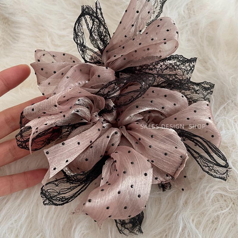 Korean Style Polka Dot Pearl Lace Scrunchie - Elegant Hair Tie Accessory for Women