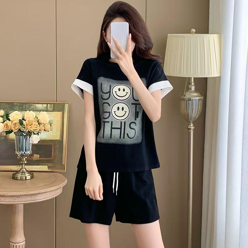 

Академический стиль Повседневный забавный принт черный спортивный костюм женский летний harajuku свободная футболка с коротким рукавом и шорты y2k беговой комплект из двух предметов молодая девушка XXXL чёрный