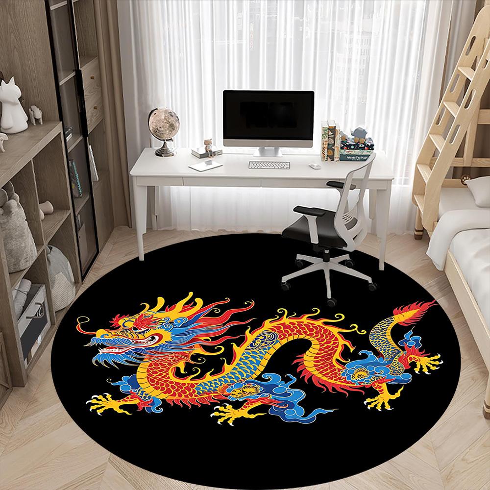 1pc Dragon Pattern Chair Carpet for Office, Round Non-Slip Durable Large Size Office Carpet, Suitable for Office, Beautiful Decoration