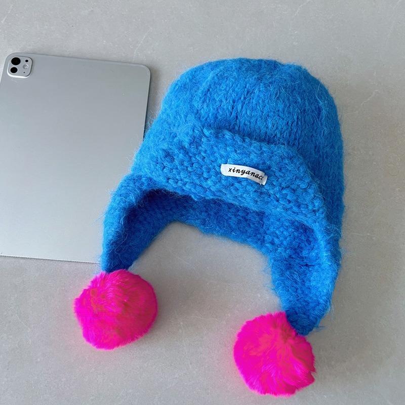 Colorful Wool Ball Knitted Woolen Hat for Women To Keep Warm in Autumn and Winter Korean Style Ear Protection Lei Feng Hat That Looks Smaller