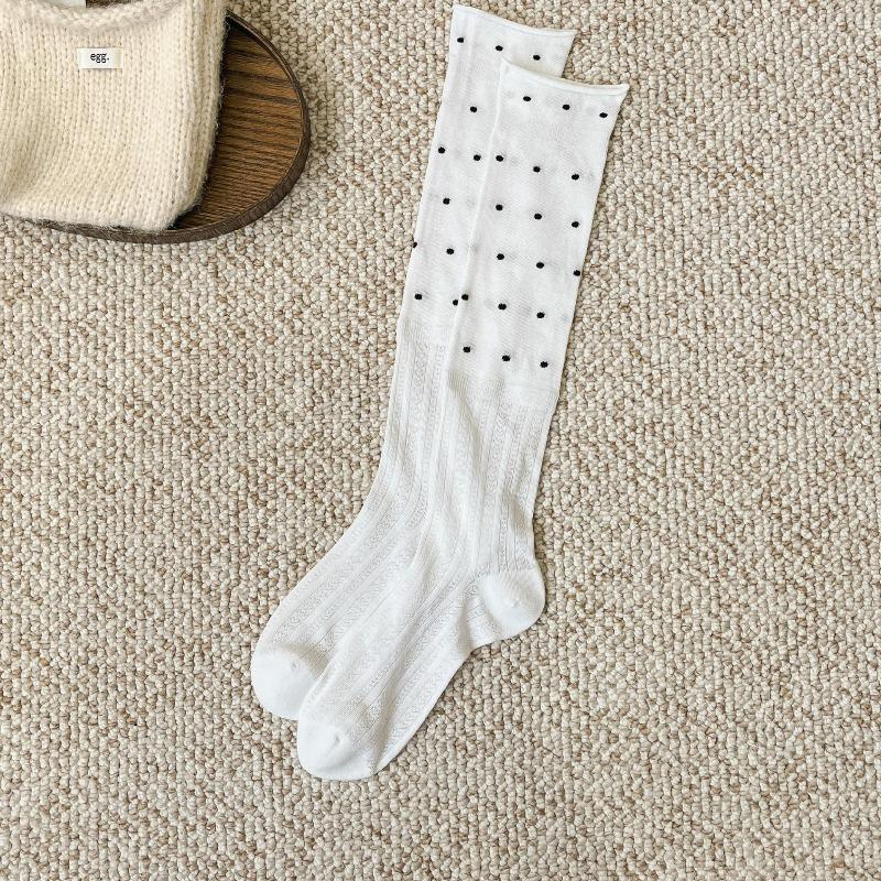 

Women s Long, Versatile, Sweet and Breathable Socks with Black Fungus Edges and Polka Dots for Spring and Summer 1 pair молоко, білий колір