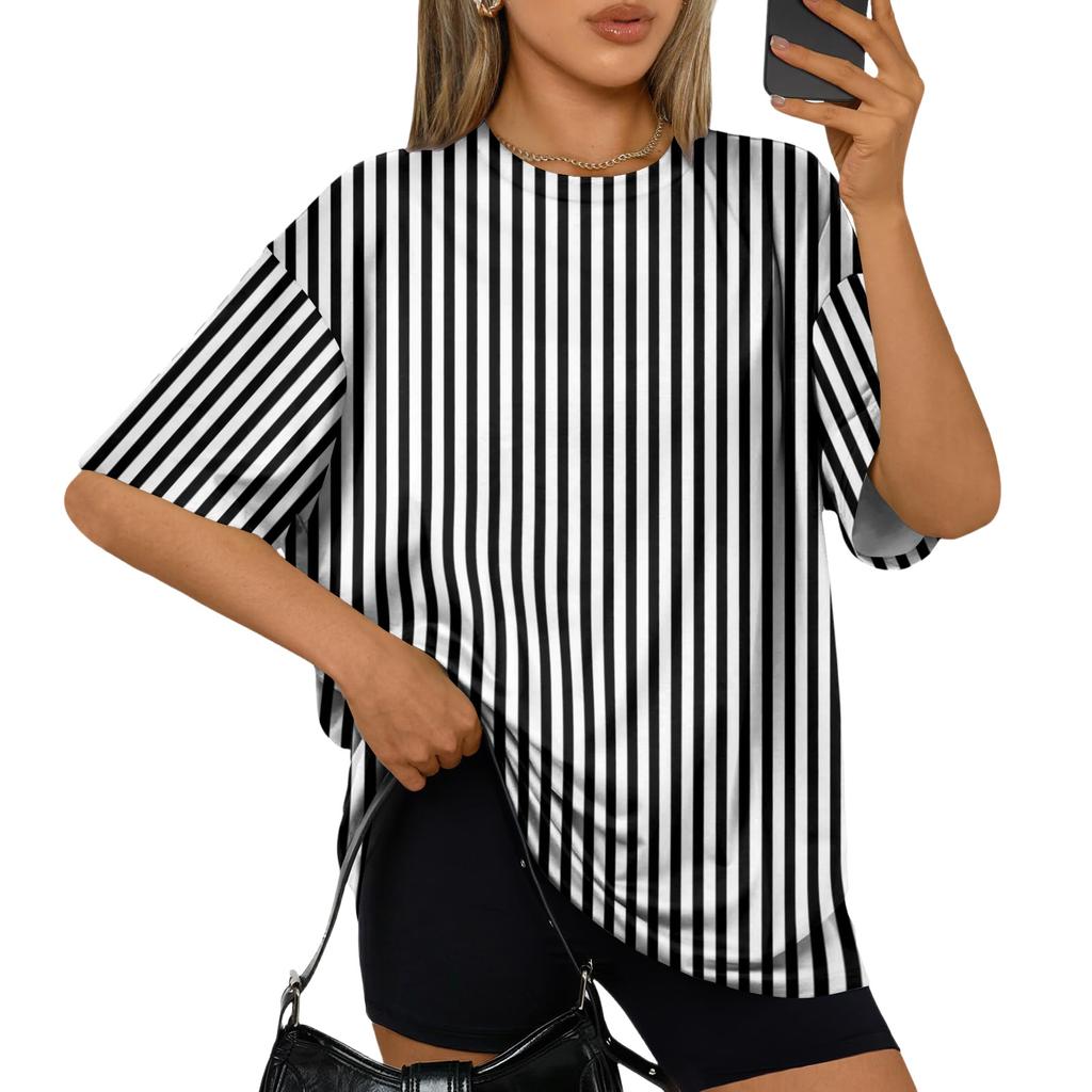 Women’s Casual Loose Fit Striped Short Sleeve Top Summer Oversized Pullover Crew Neck Lightweight Relaxed T Shirt Blouse
