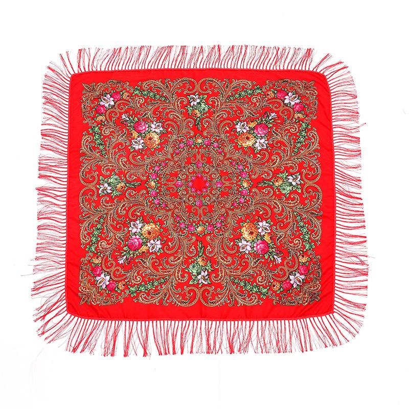 51*51In Square Women Scarf Shawl Ukrainian Embroidery Retro Fringed Cotton Print Scarves Hijab Wraps Russian Cape Bandana