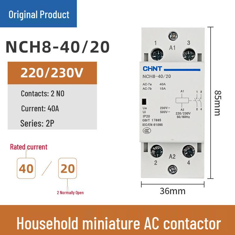 Chint Single-Phase AC Contactor NCH8-20/20, 20A, 240V, 2P, DIN Rail Mount